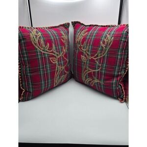 Biltmore Christmas Pillow Red Plaid Deer Antler Beaded Decorative 18x18Set of 2